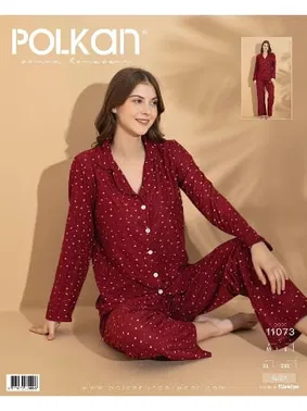 Polkan Bordo Yıldızlı Önden Düğmeli Uzun Kollu Süet Pijama Takım Polkan 11073