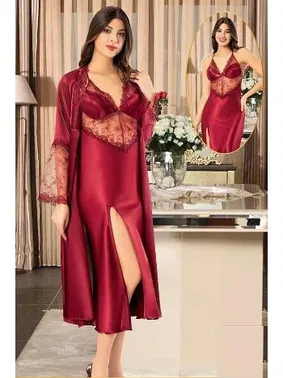 XSES Bordo Yırtmaçlı Dantelli Saten İnce Askılı 2Li Gecelik Sabahlık Çeyiz Seti XSES 2110