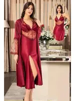 Bordo Yırtmaçlı Dantelli Saten İnce Askılı 2Li Gecelik Sabahlık Çeyiz Seti XSES 2110 Bordo