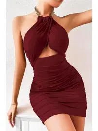 Pink Night Bordo Zincir Boyun Askılı Seksi Mini Elbise Pink Night 2276