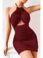 Bordo Zincir Boyun Askılı Seksi Mini Elbise Pink Night 2276 Bordo