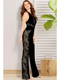 Pink Night Boyun Bağlı Transparan Danteli Seksi Kadın Tulum Siyah Pink Night 1304