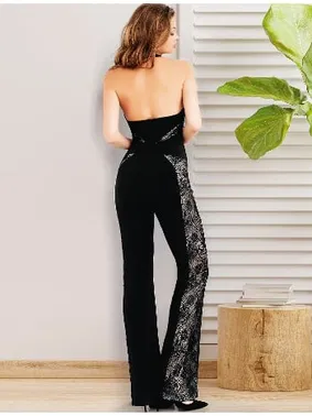 Pink Night Boyun Bağlı Transparan Danteli Seksi Kadın Tulum Siyah Pink Night 1304 - Alternatif Görünüm