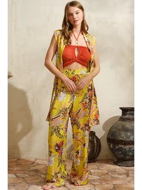 Anıl Çiçek Desenli Boyundan Bağlamalı V Yaka Boncuklu Kadın Pijama Takımı Sabahlık Anıl 5754