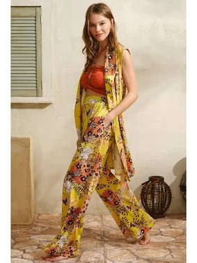 Anıl Çiçek Desenli Boyundan Bağlamalı V Yaka Boncuklu Kadın Pijama Takımı Sabahlık Anıl 5754 - Alternatif Görünüm