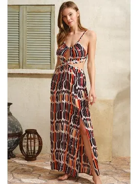 Anıl Boyundan Bağlamalı V Yaka Viskon Geometrik İpli Elbise Anıl 5753