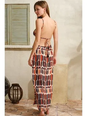 Anıl Boyundan Bağlamalı V Yaka Viskon Geometrik İpli Elbise Anıl 5753 - Alternatif Görünüm