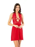 Boyundan Bağlı Çapraz Göğüs Dekolteli Dantelli Gecelik Külot Takımı Kota 6395 Kırmızı