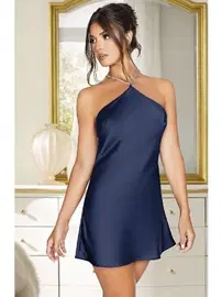 Pink Night Boyundan İp Askılı Lacivert Kadın Seksi Mini Elbise Pink Night 3305