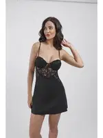 Puantiyeli Dantelli Gecelik Sabahlık 4'lü Set Takım Büşra 4230 Siyah