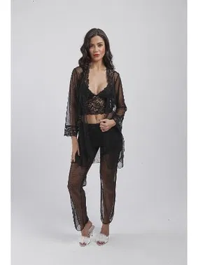 Büşra Puantiyeli Dantelli Gecelik Sabahlık 4'lü Set Takım Büşra 4230 - Alternatif Görünüm