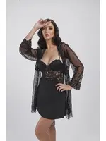 Puantiyeli Dantelli Gecelik Sabahlık 4'lü Set Takım Büşra 4230 Siyah görsel 4