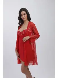 Büşra Tüllü Dantelli Gecelik Sabahlık 4'lü Set Büşra 4416