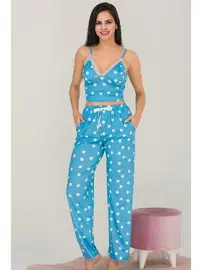 Lady Büstiyerli Puantiyeli Mavi Kadın Pijama Takımı Lady 12536