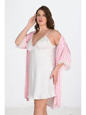 Ahu Lingerie Büyük Beden 2li Beyaz-pembe Sabahlıklı Geceli Takımı Bigsize Ahu Lingerie 6210
