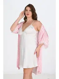 Ahu Lingerie Büyük Beden 2li Beyaz-pembe Sabahlıklı Geceli Takımı Bigsize Ahu Lingerie 6210