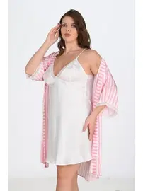 Ahu Lingerie Büyük Beden 2li Beyaz-pembe Sabahlıklı Geceli Takımı Bigsize Ahu Lingerie 6210
