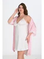 Büyük Beden 2li Beyaz-pembe Sabahlıklı Geceli Takımı Bigsize Ahu Lingerie 6210 Beyaz