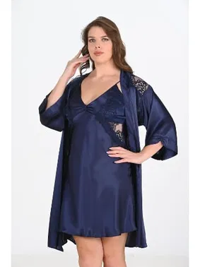 Ahu Lingerie BÜyük Beden 2li Lacivert Sabahlık Gecelik Takım Bigsize Ahu 6208