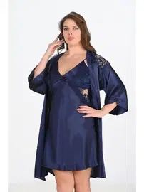 Ahu Lingerie BÜyük Beden 2li Lacivert Sabahlık Gecelik Takım Bigsize Ahu 6208