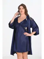 BÜyük Beden 2li Lacivert Sabahlık Gecelik Takım Bigsize Ahu 6208 Lacivert