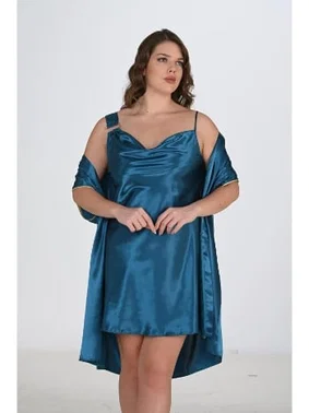 Ahu Lingerie Büyük Beden 2li Petrol Sabahlık Saten Gecelik Takımı Bigsize Ahu 6206