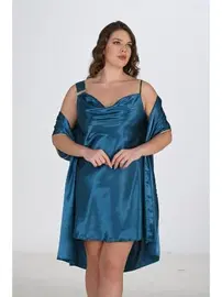 Ahu Lingerie Büyük Beden 2li Petrol Sabahlık Saten Gecelik Takımı Bigsize Ahu 6206