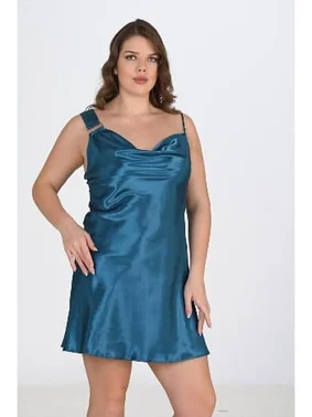 Ahu Lingerie Büyük Beden 2li Petrol Sabahlık Saten Gecelik Takımı Bigsize Ahu 6206 - Alternatif Görünüm