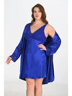 Ahu Lingerie Büyük Beden 2li Saks Sabahlık Gecelik Takım Bigsize Ahu 6211 - Alternatif Görünüm