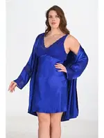 Büyük Beden 2li Saks Sabahlık Gecelik Takım Bigsize Ahu 6211 Lacivert detay görünüm