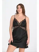 Büyük Beden 2li Siyah Sabahlık Gecelik Takımı Bigsize Ahu 6201 Siyah detay görünüm