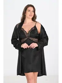 Ahu Lingerie Büyük Beden 2li Siyah Sabahlık Gecelik Takımı Bigsize Ahu 6201
