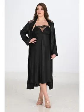 Ahu Lingerie Büyük Beden 2li Siyah Sabahlıklı Gecelik Takımı Bigsize Ahu 6221