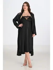 Ahu Lingerie Büyük Beden 2li Siyah Sabahlıklı Gecelik Takımı Bigsize Ahu 6221