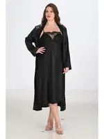 Büyük Beden 2li Siyah Sabahlıklı Gecelik Takımı Bigsize Ahu 6221 Siyah