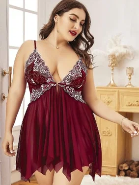 Pink Night Büyük Beden Bordo Dantel İşlemeli Fantezi Gecelik Pink Night 6690