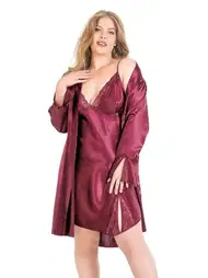 Ahu Lingerie Büyük Beden Bordo Kısa İkili Saten Sabahlık Gecelik Takımı Ahu Lingerie 6156