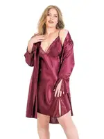 Büyük Beden Bordo Kısa İkili Saten Sabahlık Gecelik Takımı Ahu Lingerie 6156 Bordo