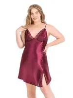 Büyük Beden Bordo Kısa İkili Saten Sabahlık Gecelik Takımı Ahu Lingerie 6156 Bordo detay görünüm
