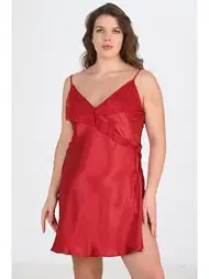 Ahu Lingerie Büyük Beden Bordo Saten Kadın Gecelik Ahu Primoda 2107