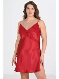 Ahu Lingerie Büyük Beden Bordo Saten Kadın Gecelik Ahu Primoda 2107