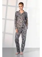 Büyük Beden Çiçek Desenli Gömlek Yaka Kadın Pijama Takımı Doreanse 25K4030P Gri