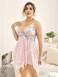 Pink Night Büyük Beden Çiçekli Tül Beyaz Fantezi Gecelik Pink Night 6680