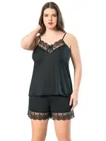 Büyük Beden Dantelli Atlet Şort Pijama Takımı Kota 6209  Siyah