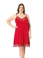 Büyük Beden Dantelli İp Askılı Kısa Gecelik Kota 6210  Kırmızı