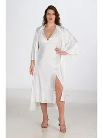 Ahu Lingerie Büyük Beden Ekru Sabahlık Gecelik Takımı Bigsize Ahu 6224