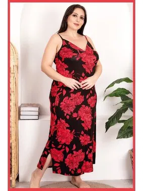 Lady Büyük Beden Elbise Kırmızı Çiçek Desenli Gecelik Lady 7270