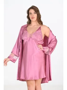 Ahu Lingerie Büyük Beden Gül Kurusu Gecelik Sabahlık Saten Takımı Bigsize Ahu 6204