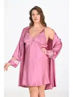 Büyük Beden Gül Kurusu Gecelik Sabahlık Saten Takımı Bigsize Ahu 6204 Pembe