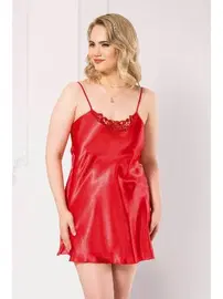 Ahu Lingerie Büyük Beden Kırmızı Kısa Saten Gecelik Ahu Primoda 2022